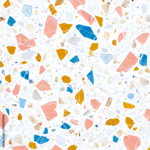 Terrazzo flooring seamless pattern with colorful marble and granite stone chips on white concrete surface for modern interior design and architectural architectural background