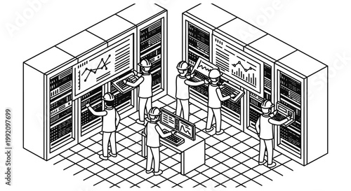 Focused technicians collaborating in an isometric outline data center server room, system monitoring.