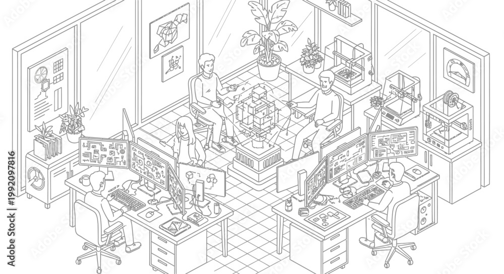 Obraz premium Busy office workers collaborating in a modern isometric open plan workspace, line art.