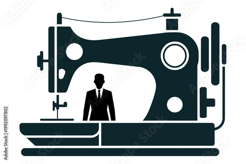 A man in a suit stands inside a large industrial sewing machine
