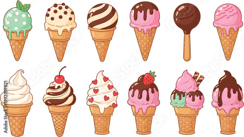 Colorful vector collection of various ice cream cones with different flavors toppings and chocolate sauce for summer dessert menu and cafe advertising.