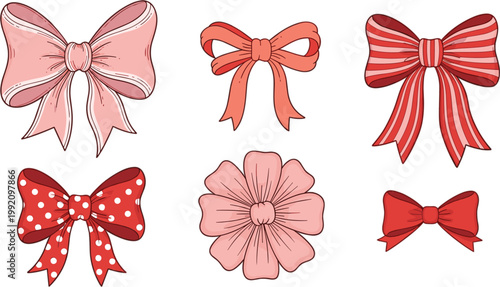 Flat vector collection of cute pink and red decorative bows and flowers for gift wrapping greeting cards wedding invitations and feminine graphic design.