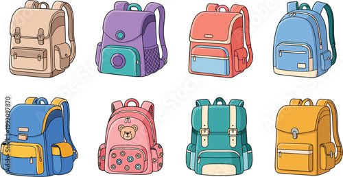 Colorful vector collection of various school backpacks and rucksacks for students education travel and back to school retail marketing.