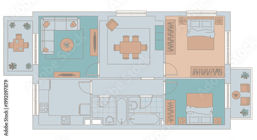 Detailed Floor Plan of an Apartment or House with Furniture Layout on a Bright Studio Background