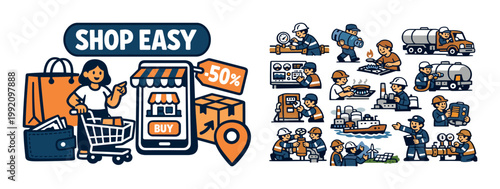 Online shopping convenience with a woman and shopping cart, plus industrial workers and energy sector scenes