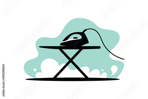 A simple illustration of an iron on an ironing board with a green background