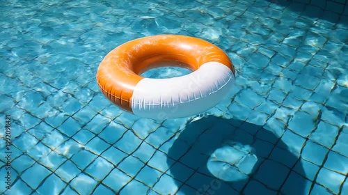 Orange and white life ring floating on blue water surface