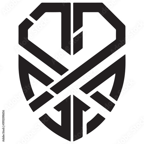 Minimalist geometric shield emblem with interlocking black lines for branding and logo design vector illustration