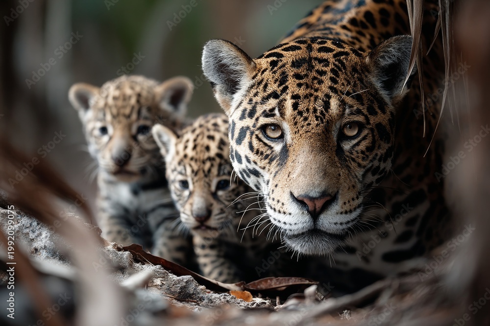 Obraz premium Portrait of a jaguar with its cubs