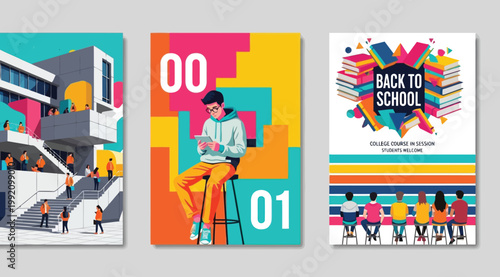 Set of three modern flat vector illustrations for college back to school concept, featuring students on campus, a student with a tablet, and a classroom scene