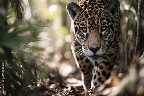 Portrait of a jaguar walking through the jungle