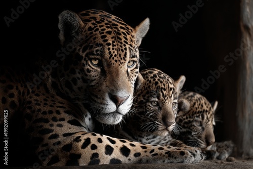 Portrait of a jaguar with its cubs
