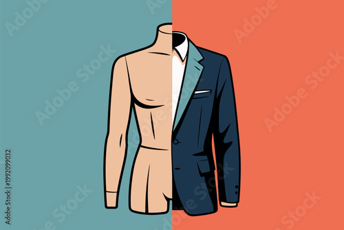 A cartoon illustration of a mannequin with a suit and a torso