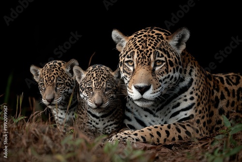 Portrait of a jaguar with its cubs