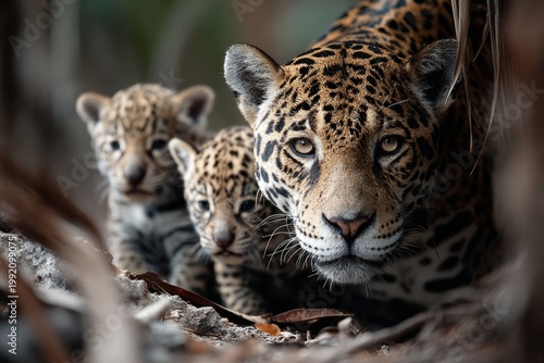Portrait of a jaguar with its cubs