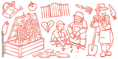 Hand-drawn composition of garden elements including vegetables, a gate, and tools. For organic farm blogs, garden posters, urban farming, and DIY home guides.