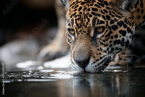 Portrait of a jaguar drinking water from a river