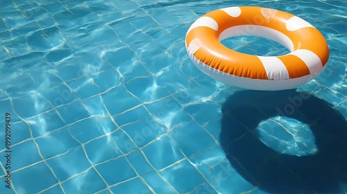 Orange and white life ring floating on bright blue water surface