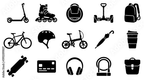 A versatile vector graphic illustration showcasing various urban mobility devices, essential personal accessories, and common daily items for modern city commuting.