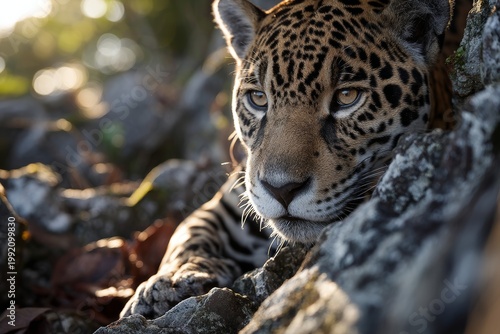 Portrait of a jaguar on a rocky terrain
