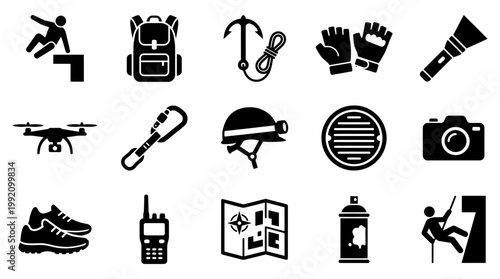 Collection of fifteen black silhouette vector graphic icons representing urban exploration gear and extreme sports activities for adventurous outdoor enthusiasts and professional hobbyist explorers