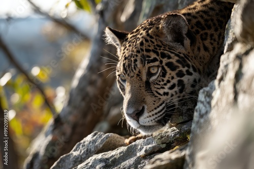 Portrait of a jaguar on a rocky terrain