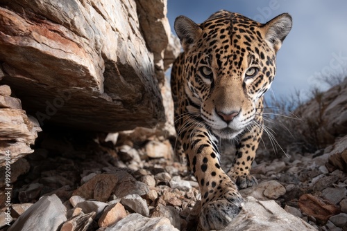 Portrait of a jaguar on a rocky terrain