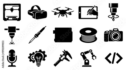 Vector graphic illustration depicting a diverse collection of modern technology, creative tools, and innovative production processes in a clear, versatile icon set.
