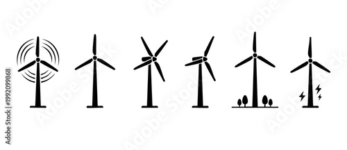 Wind turbine icon set, flat black silhouettes for renewable energy and eco power design, isolated vector illustrations on white background representing sustainable electricity and green environment co