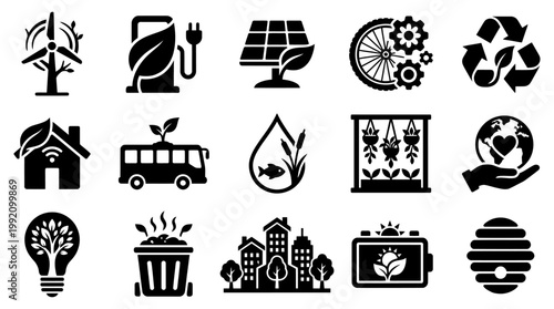 Collection of simple black vector icons representing various environmental sustainability concepts such as green energy renewable resources recycling and eco friendly living solutions daily