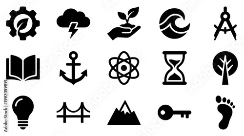 Diverse minimalist black silhouette vector icons representing abstract concepts including nature, science, knowledge, and industry for modern graphic design and digital projects.
