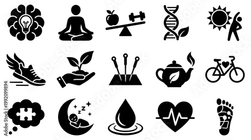 Comprehensive vector graphic set showcasing diverse wellness icons representing healthy lifestyle choices including fitness nutrition mindfulness sleep DNA analysis and holistic medical care symbols