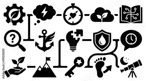 Detailed collection of black business and lifestyle icons presented in a flat vector graphic style perfect for modern infographics or creative professional website projects