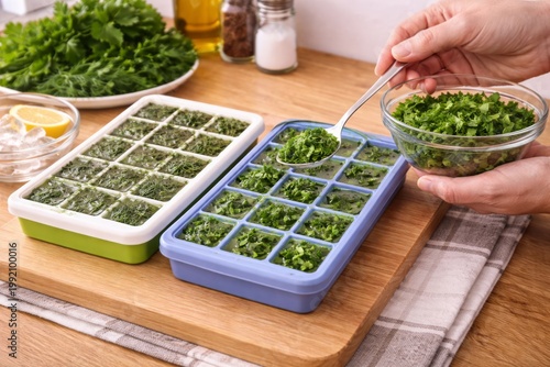 Freezing Chopped Herbs in Ice Cube Trays. Hands spoon fresh chopped herbs into ice trays with liquid, showing an easy way to preserve ingredients longer.