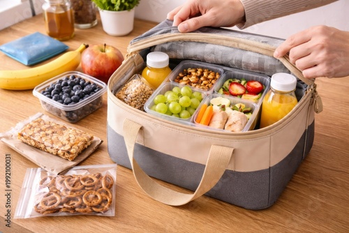 Packing Healthy Snacks into Insulated Lunch Bag. Hands fill an insulated lunch bag with fruit, juice, nuts, and prepared snacks for work, school, or travel.