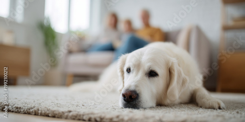 Golden retriever resting on carpet indoors