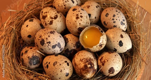 Quail eggs on a hay background, close-up footage on a rotating table. Half a quail egg among a pile of whole ones.