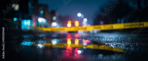 Nighttime urban street with caution tape