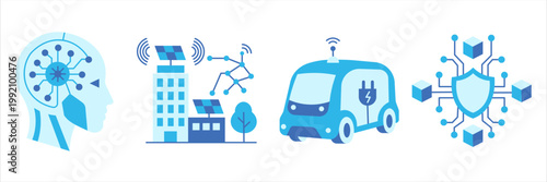 Smart City and Artificial Intelligence Icon Set with Autonomous Electric Van and Cyber Security Shield