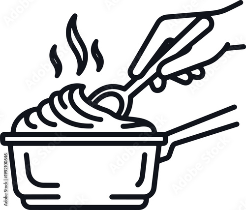 Scooping hot mashed potatoes from pot with spoon, steam rising.