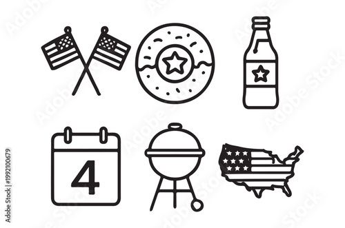 Fourth of july themed icons including flags food and american symbols
