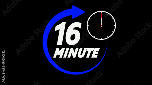 Sixteen minute countdown timer with blue arrow and clock a graphic displays