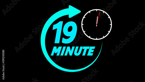 Countdown timer with number 19 and cyan arrow graphic display of the 19, enclosed