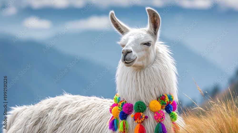 Fototapeta premium Close-up of a white llama with colorful pom-pom adornments in a mountainous landscape.