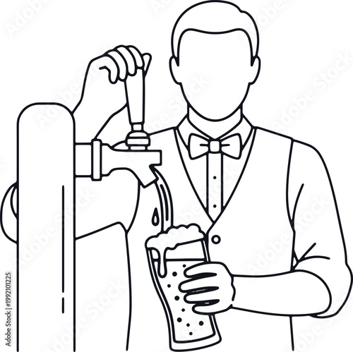 Bartender pouring beer from tap into glass vector illustration.