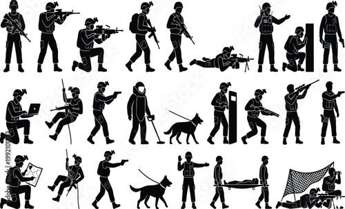 Silhouette Soldiers Military, Army, Warfare, Combat, Action, Vector Set