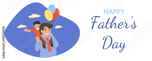 Cartoon illustration of a father carrying his son on his shoulders, holding colorful balloons. Father's Day card, for gift wrapping, and festive decorations.