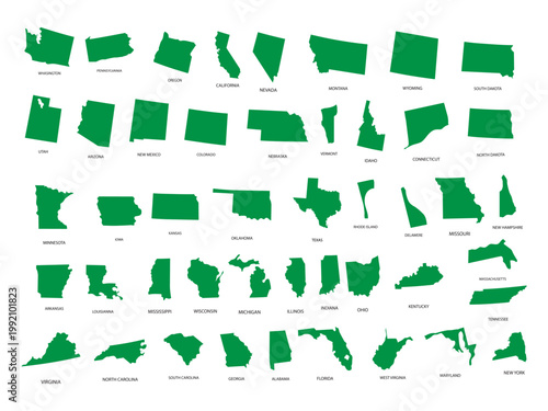 United States State Silhouettes Grid Map Collection of Green US State Shapes and Outlines