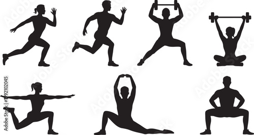 people exercising and stretching black silhouettes