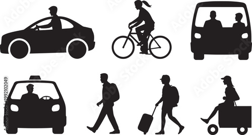 people commuting by car, bicycle, bus and on foot black silhouettes